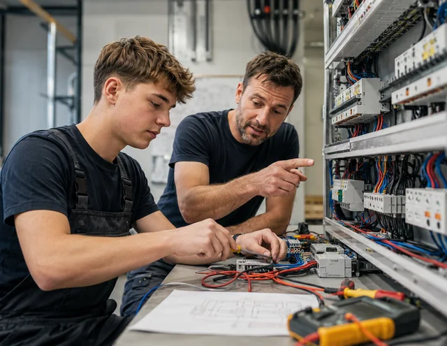 Ausbilder und Lehrling arbeiten gemeinsam an einer elektrischen Anlage