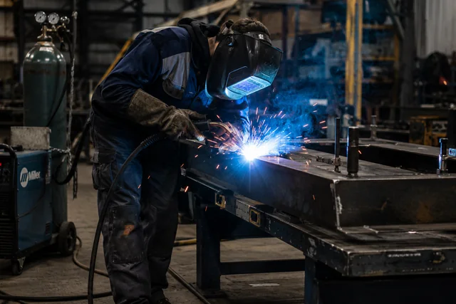 Schweißer arbeitet mit Schutzkleidung an einer Metallkonstruktion