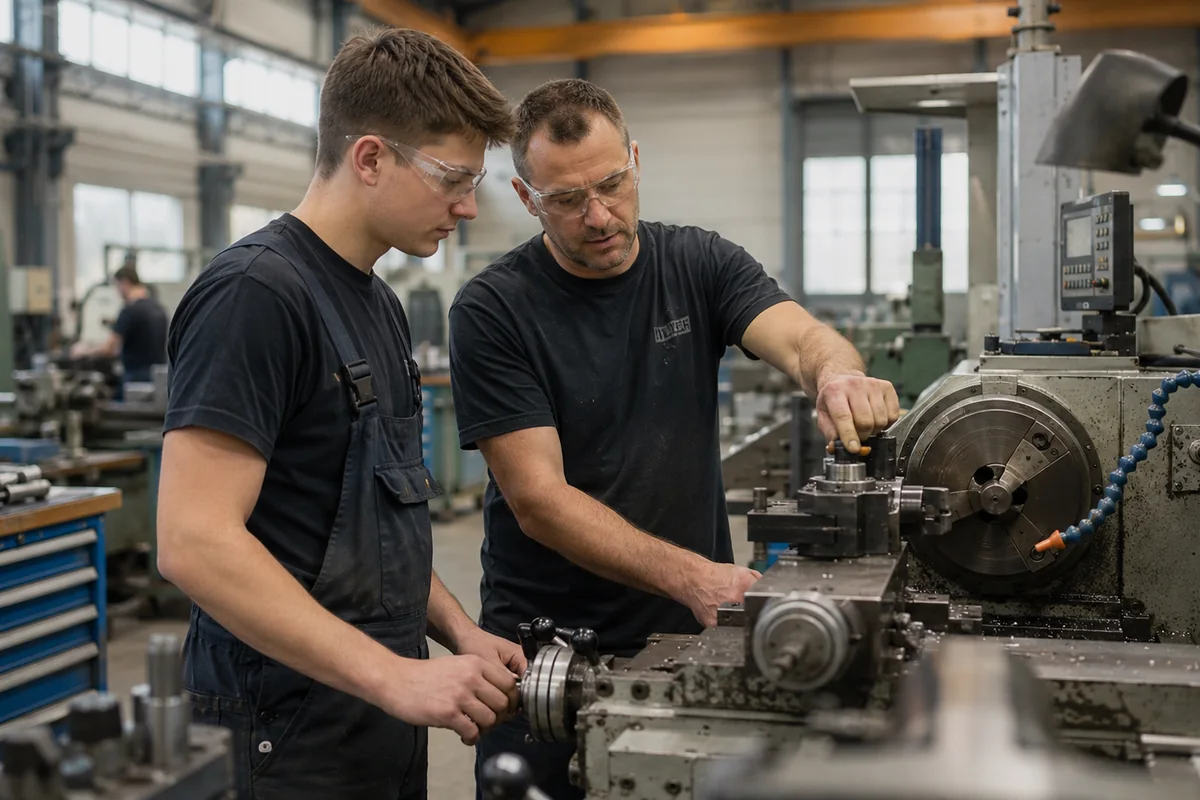 Ausbilder begleitet einen Lehrling bei der Arbeit an einer Drehmaschine